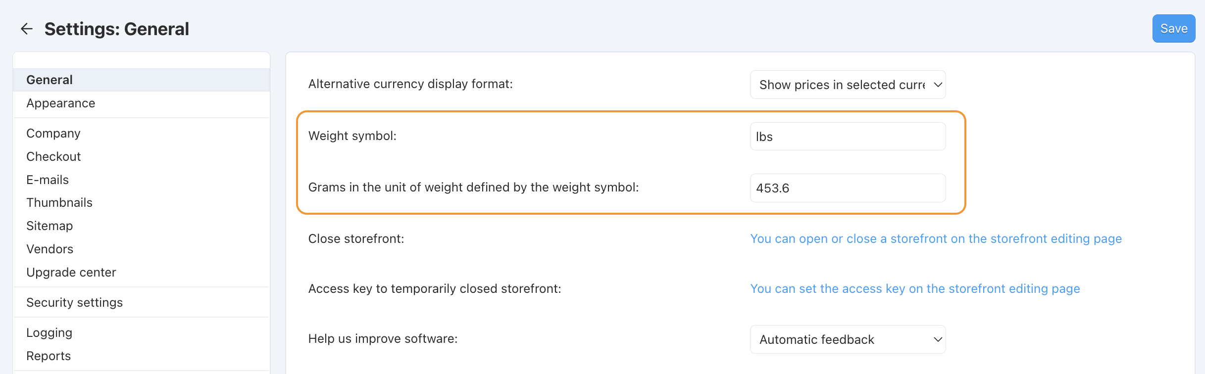 Weight measurement unit settings in CS-Cart.