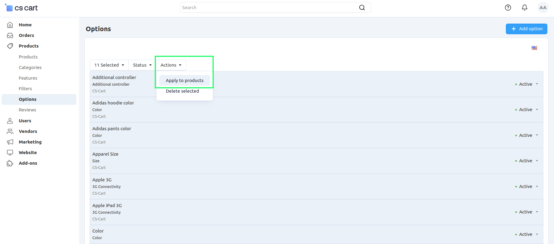 Apply a global option to multiple products in CS-Cart