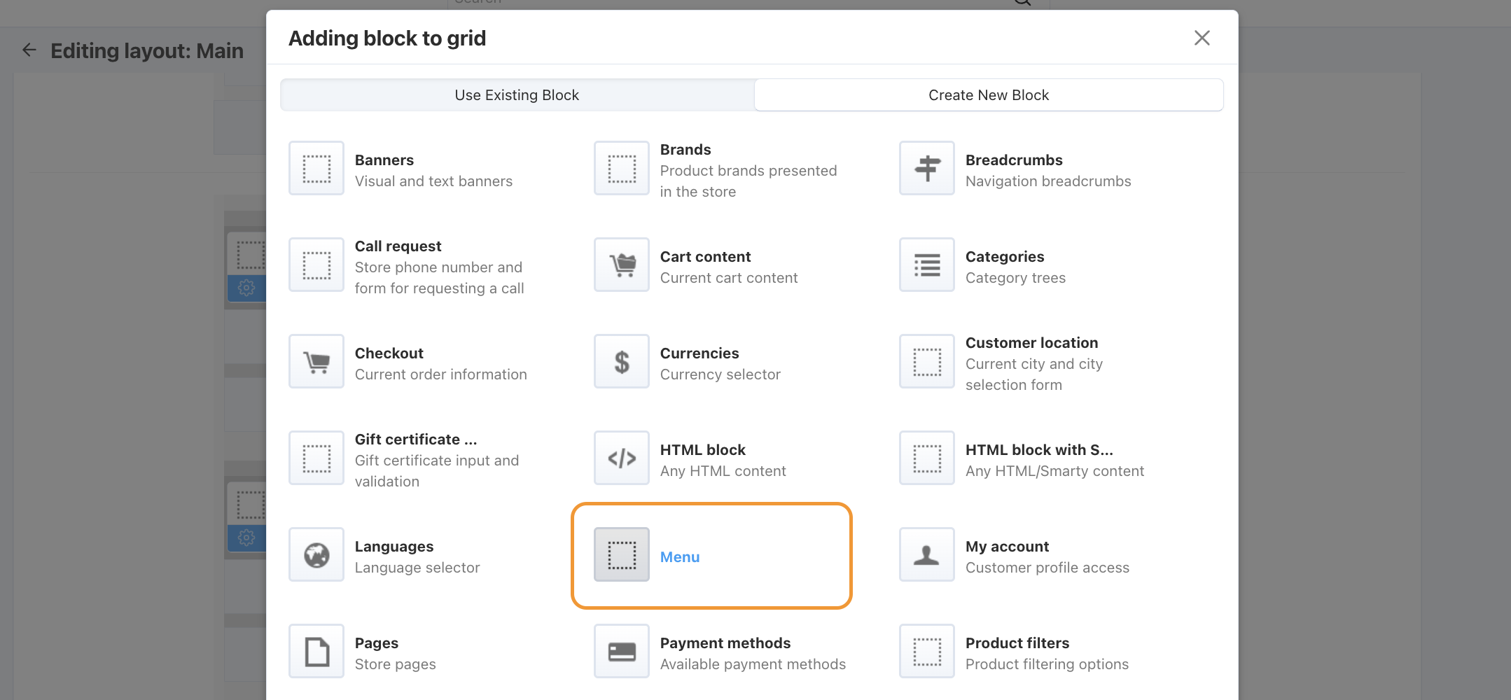 Select the Menu block type for your new block.