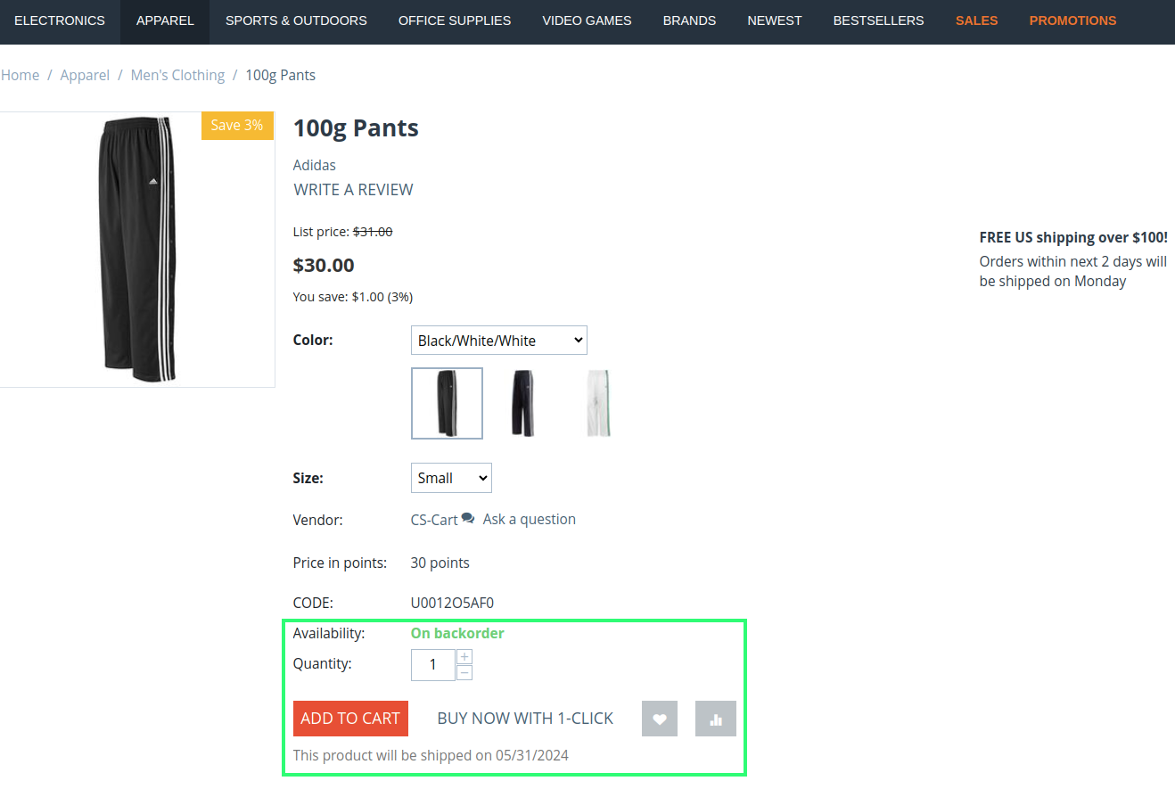 Despite the message that the product isn't available yet, customers can add the product to cart.