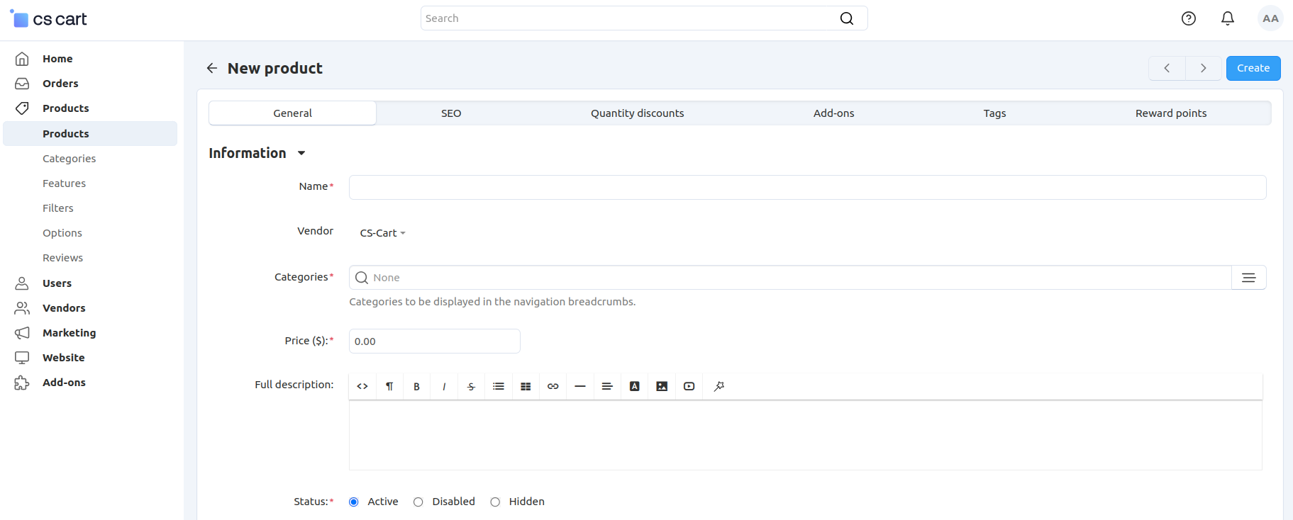 The product creation page in CS-Cart.