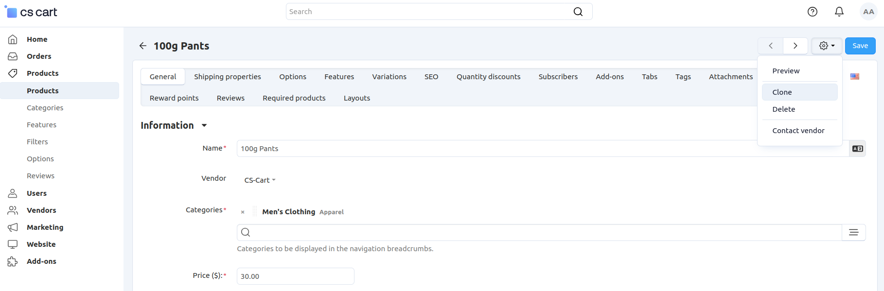 Cloning a specific product from the editing page.