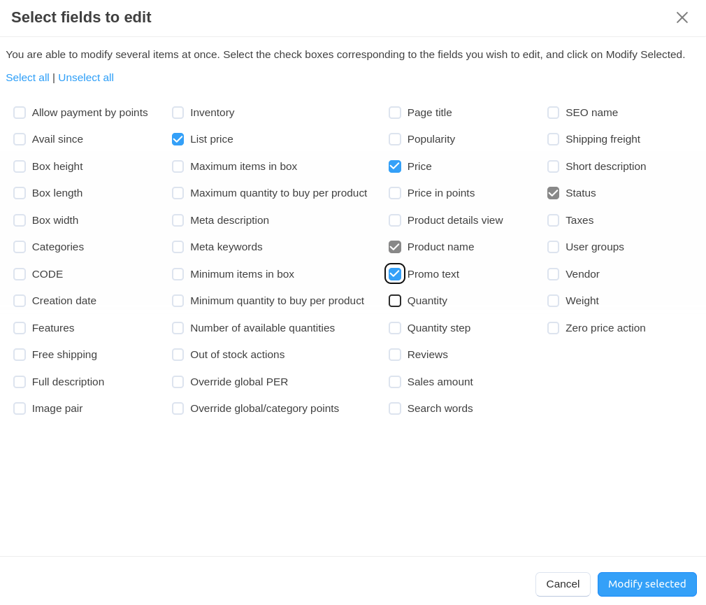 Tick the checkboxes of the product properties you'd like to edit.