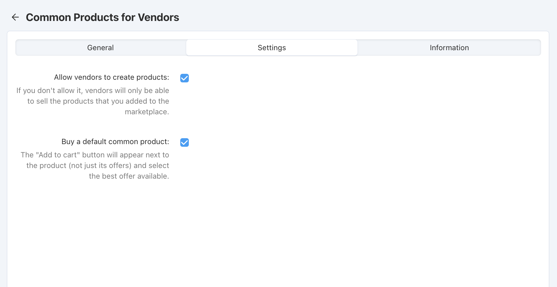 The settings of the "Common Products for Vendors" add-on.