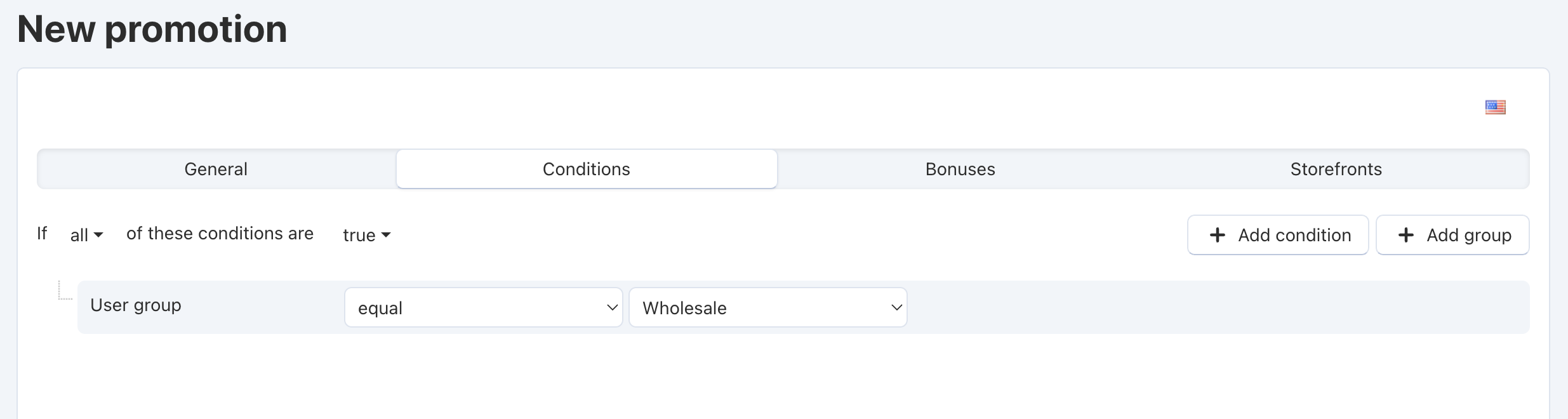 The Conditions tab determines when the promotion is applied.