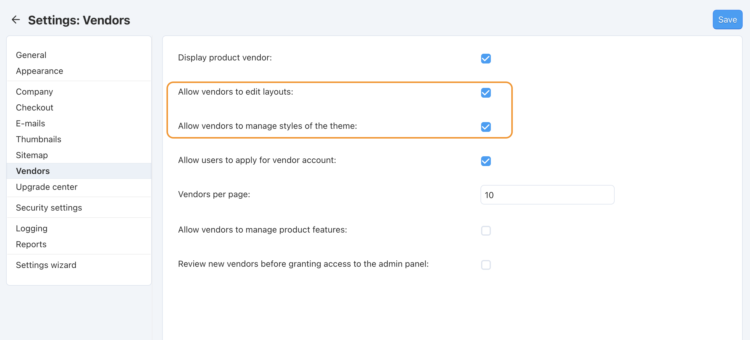 Go to Settings → Vendors to determine whether or not vendors should be able to edit layouts and styles.