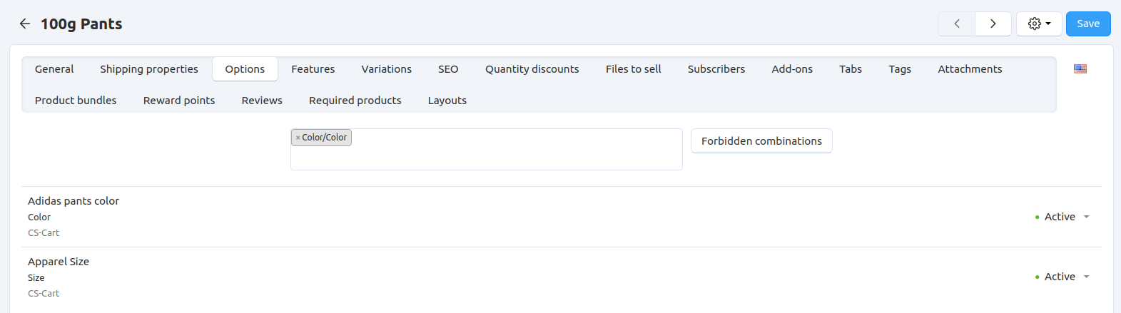 The Forbidden combinations button is above the list of options on the Options tab.