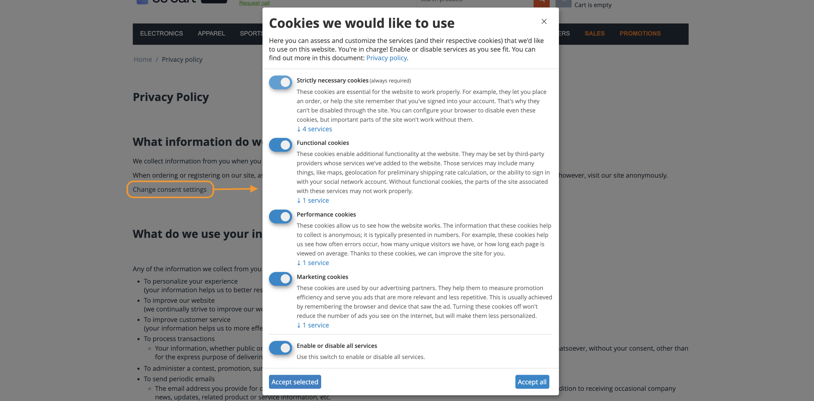 Changing cookie consent settings.