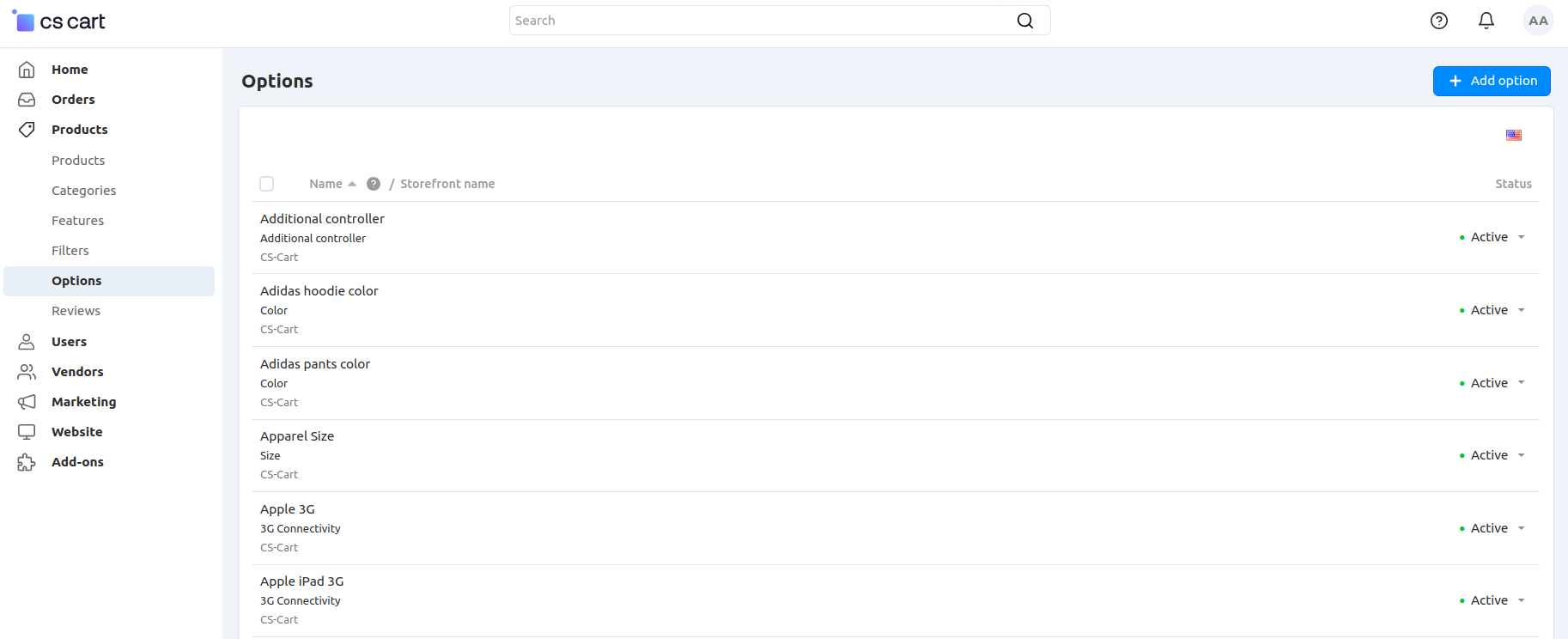 The Options page in CS-Cart