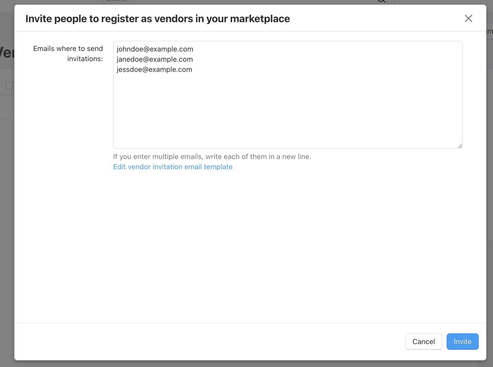 Vendor invitation window in Multi-Vendor lets you enter one or multiple email addresses for sending the invitations to.