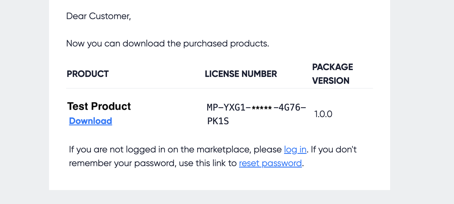An email from the Marketplace includes add-on license number, download links and compatibility information.