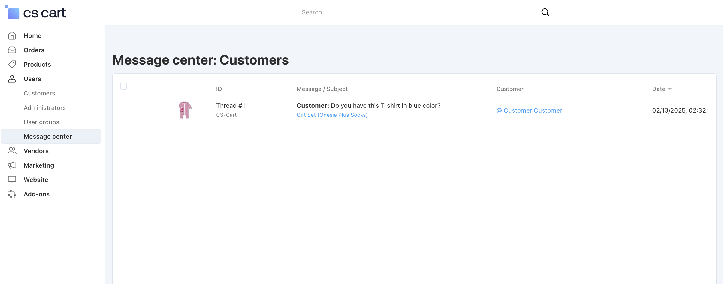Message center in the admin panel.