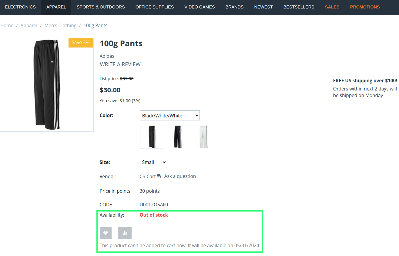 There is no Add to Cart button, but there is a message about when the product becomes available.