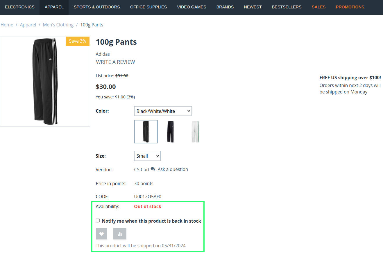 Customers who tick the checkbox will receive a notification by email when the product is in stock again.