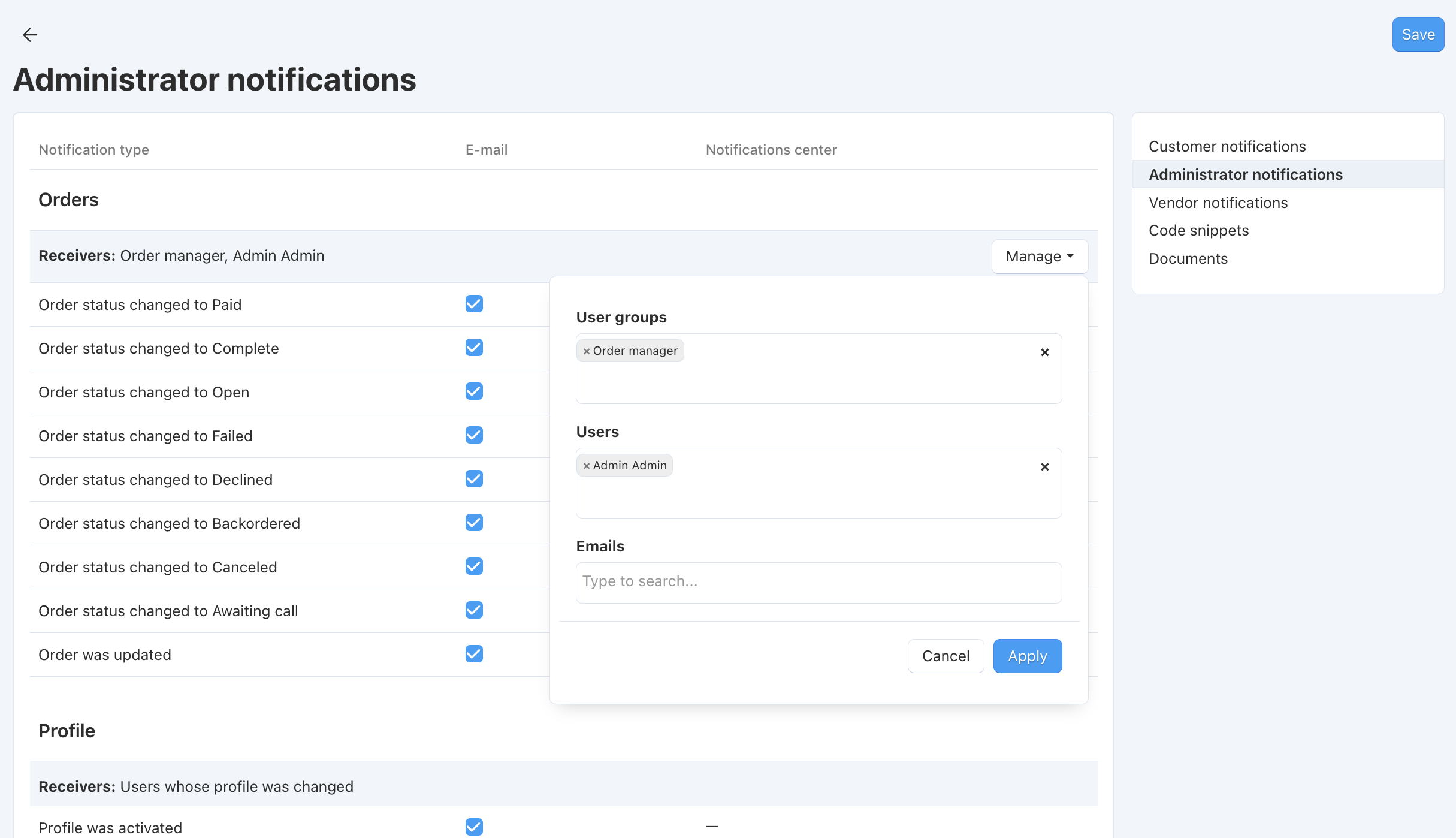 Assigning the recipients of notifications
