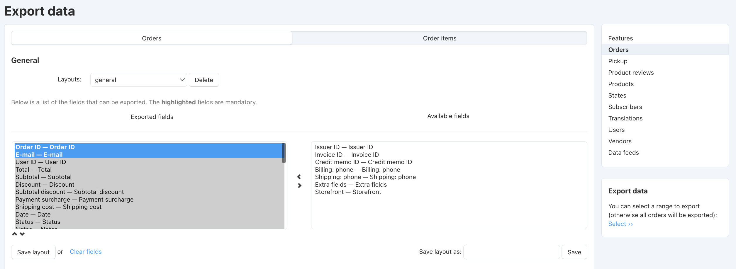 The list of exported fields for orders.