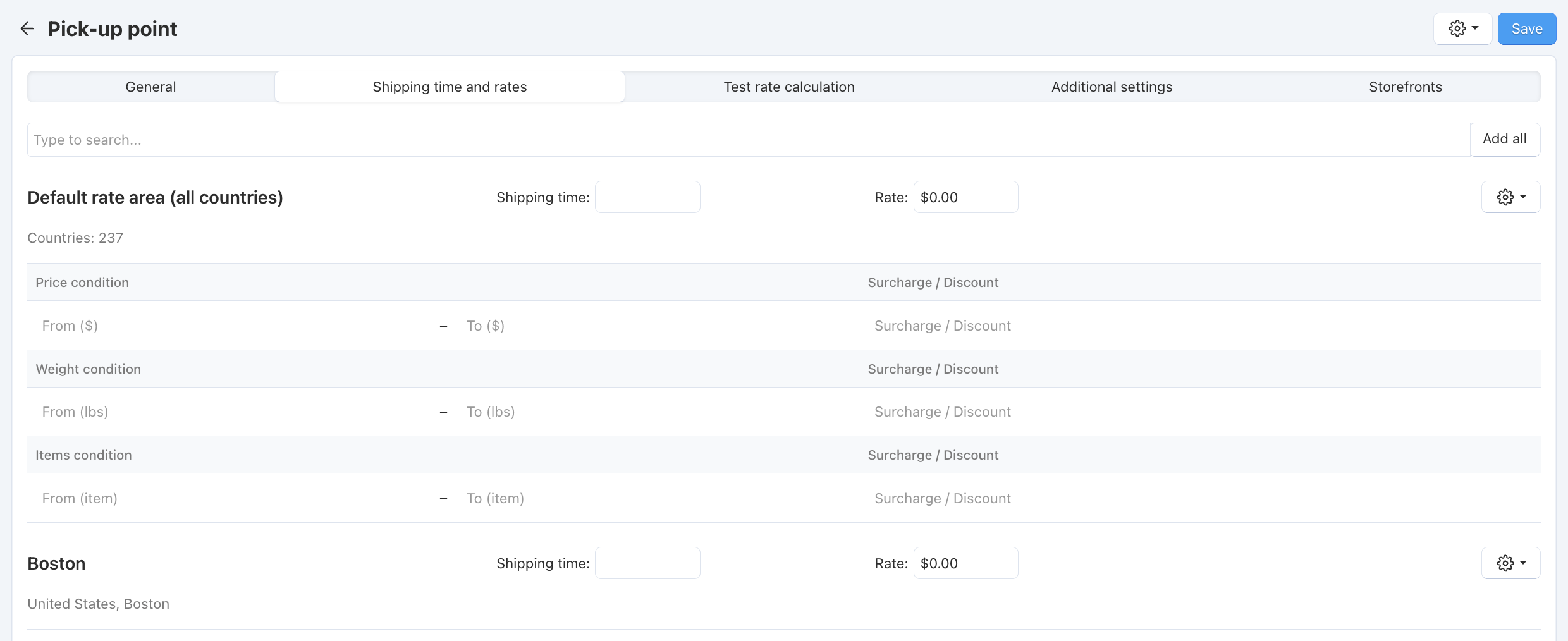 Shipping time and rates for "Pickup from store" shipping method.