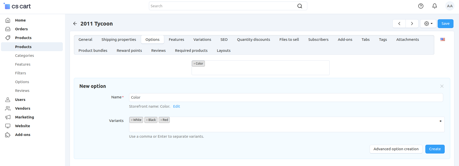 The option creation from the product page in CS-Cart.
