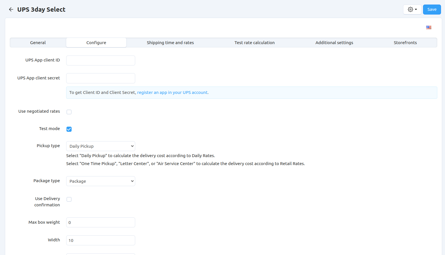 The settings of a UPS shipping method in CS-Cart and Multi-Vendor.