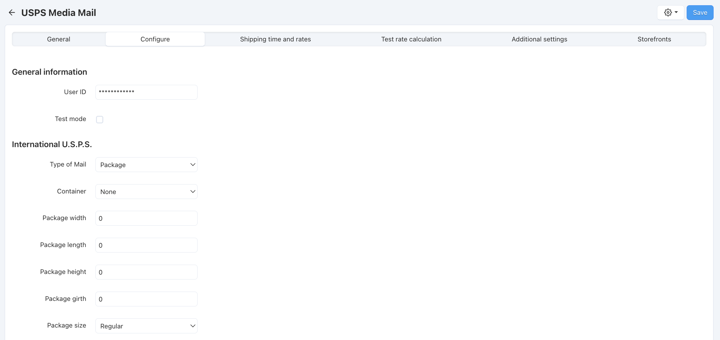 Configuring the USPS shipping method.