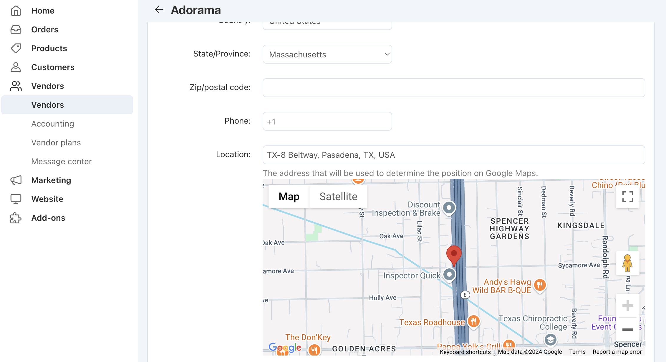 The location of a vendor as specified on the vendor's profile page