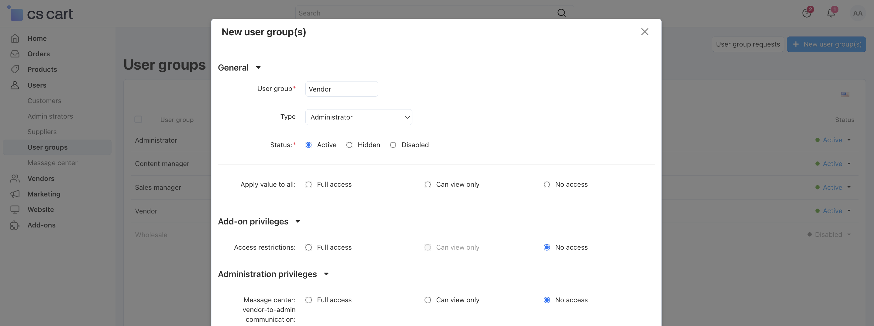 Specify the name and the type of the new customer group. Set the privileges for the selected group.