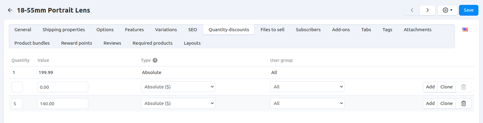 The Quantity discounts tab