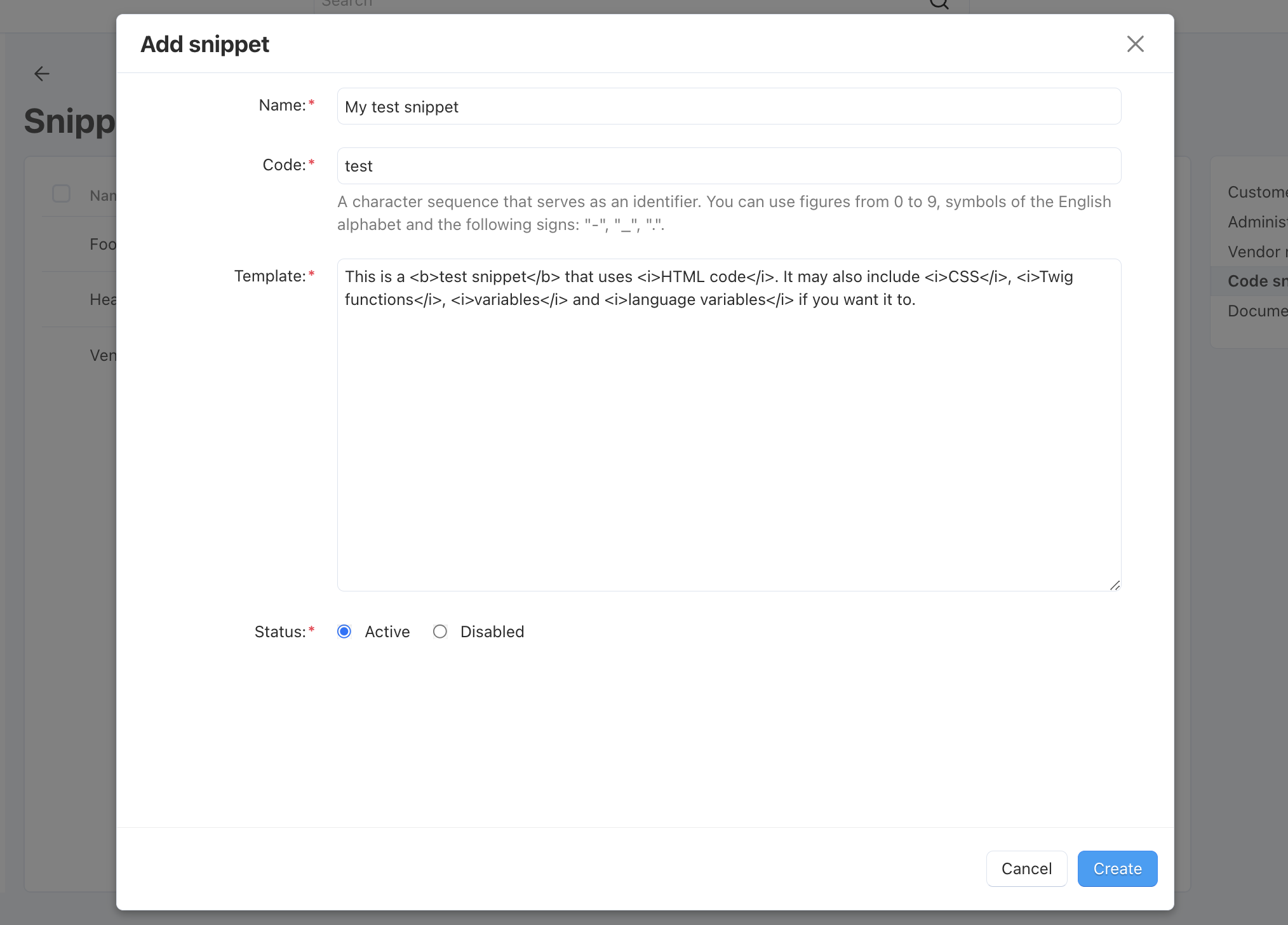 The popup window with snippet properties.
