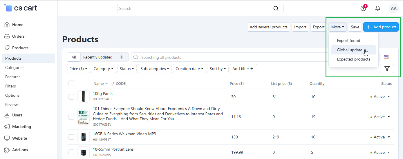 Global update of products in CS-Cart.