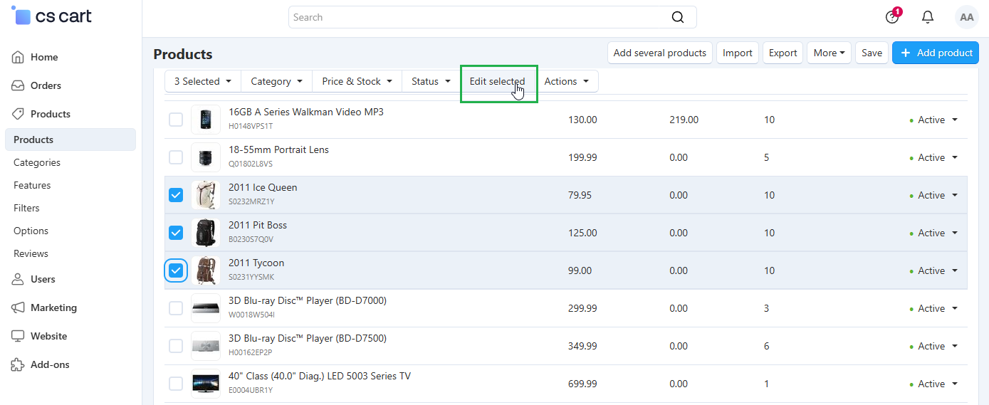 The "Edit selected" button allows you to edit specific properties of multiple products at once.
