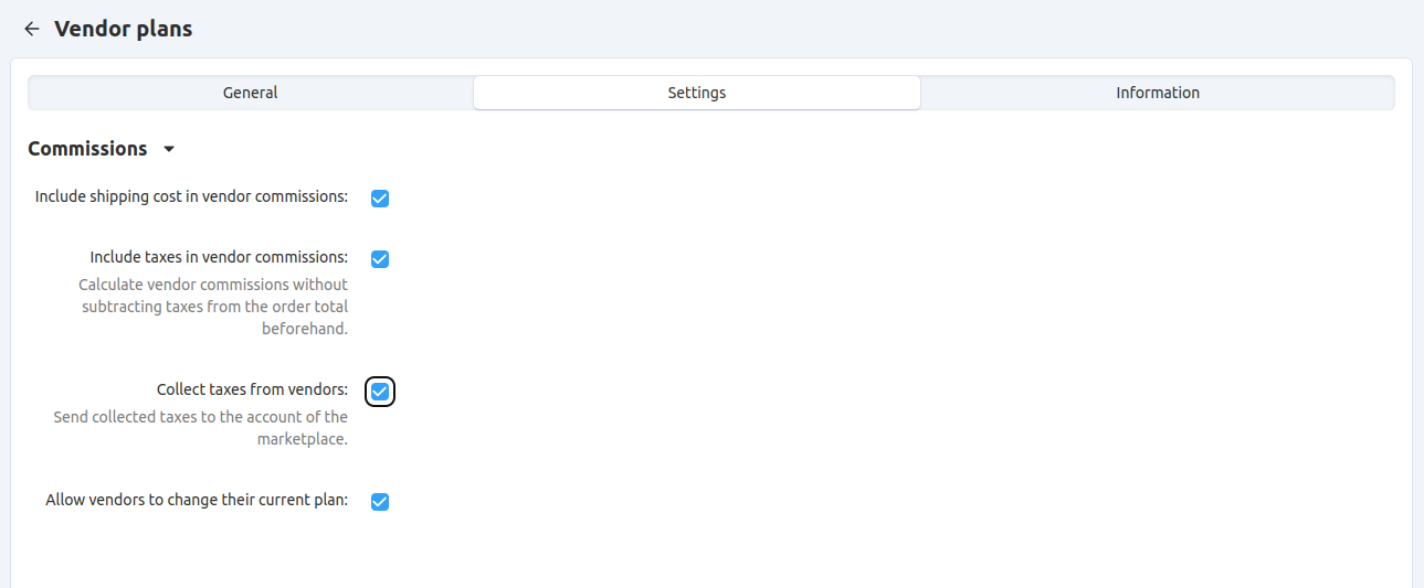 Vendor plans add-on settings