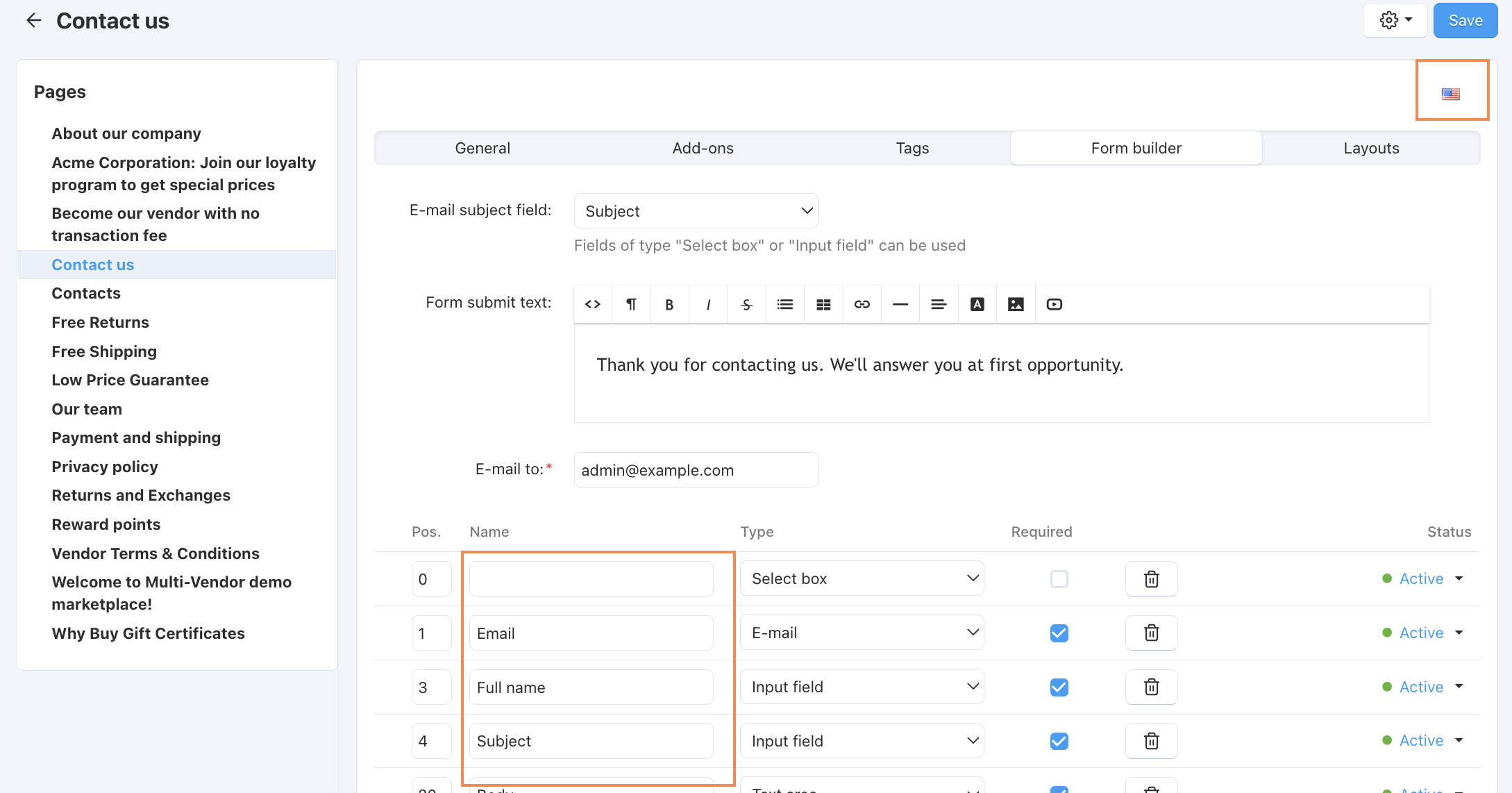 Translate the values in the Name column and save your changes to translate the form.
