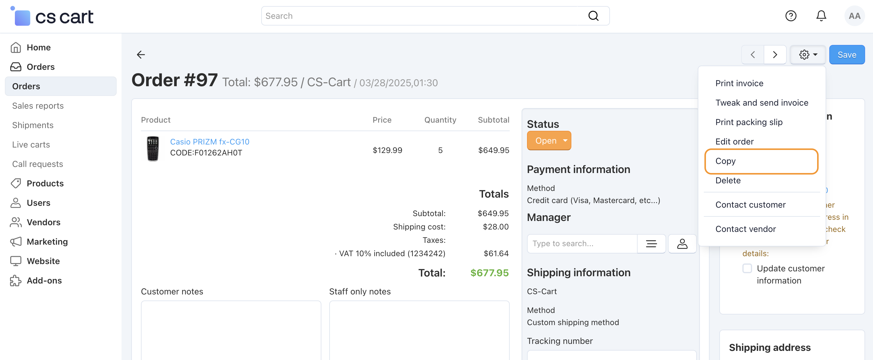 Copy orders on the order detail page.