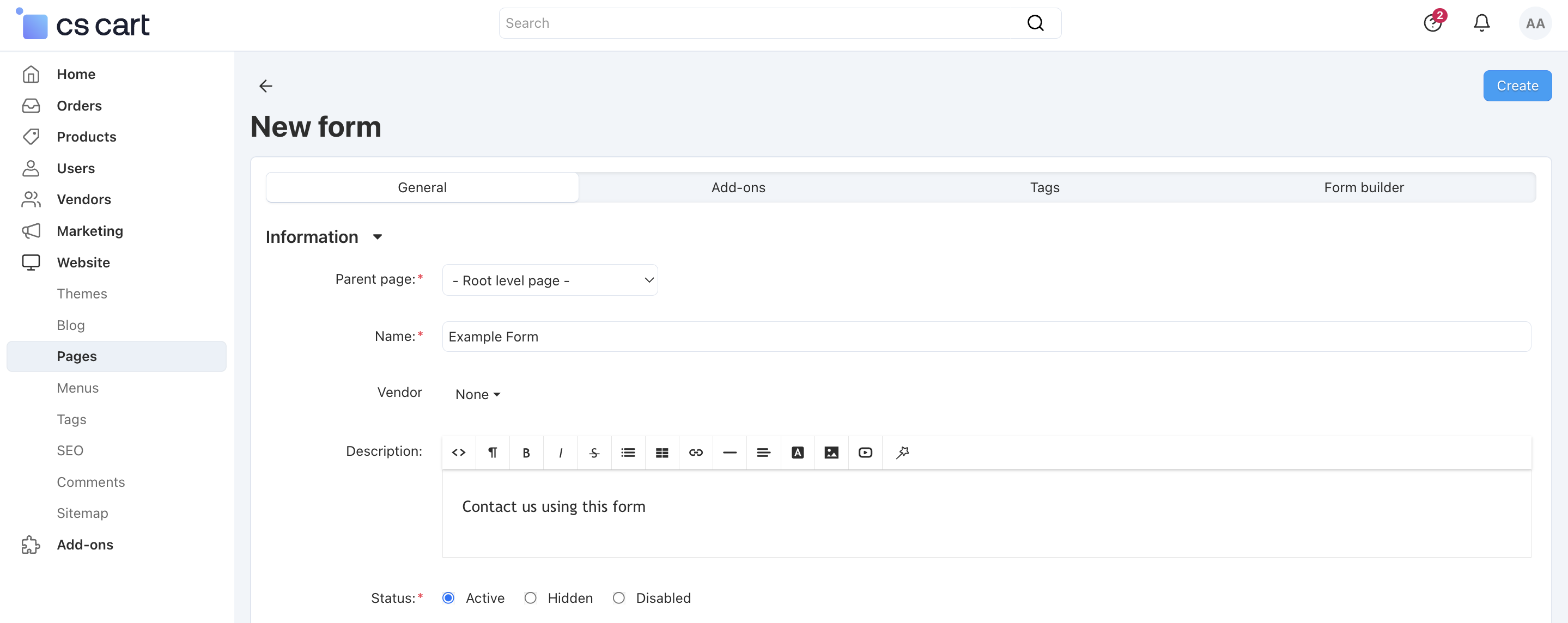 Enter the name of the form and select the parent page on the general tab.