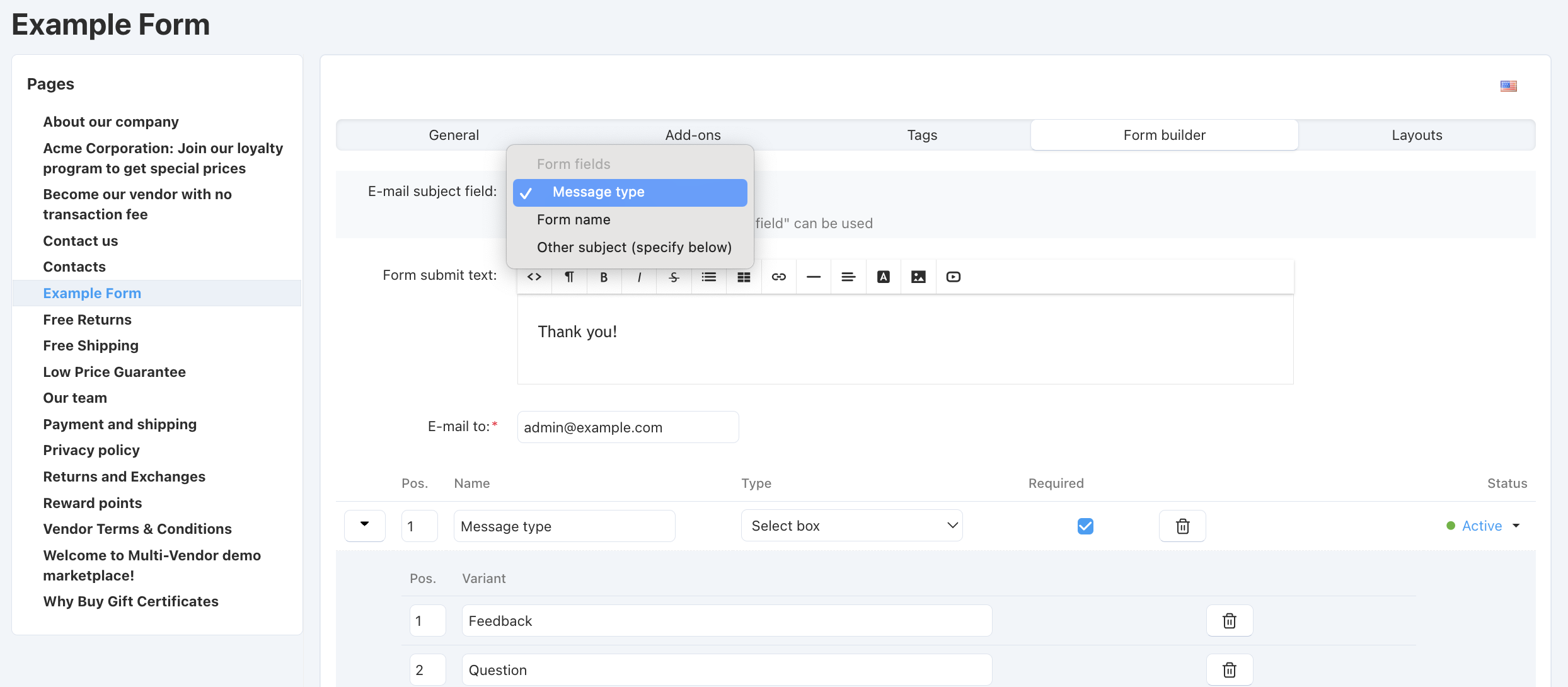 After you create a form, you can set one of its fields as email subject.