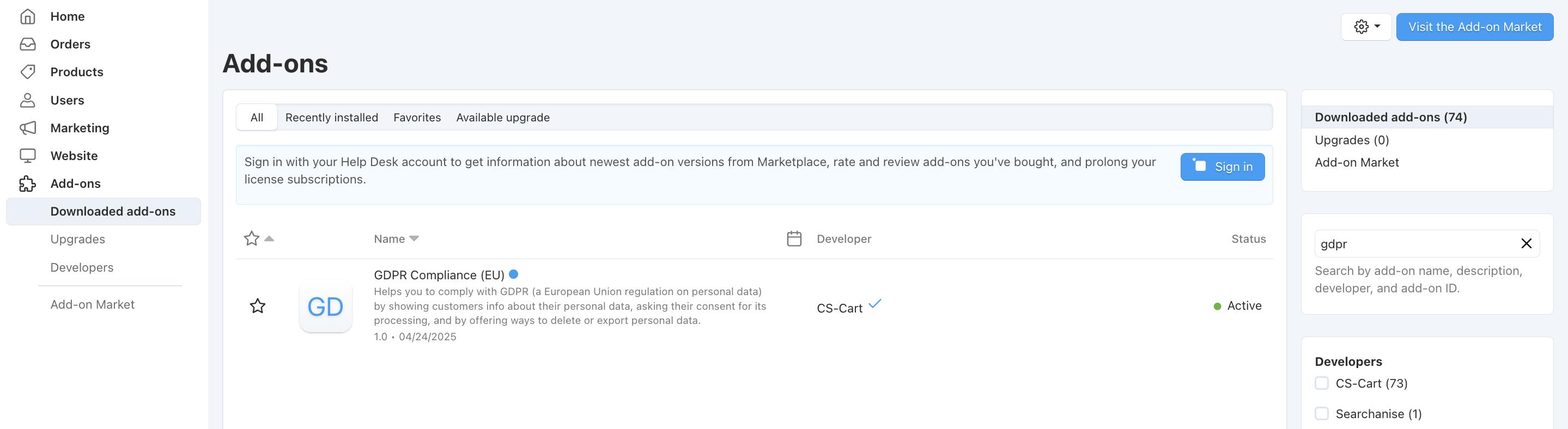 The GDPR Compliance add-on first appeared in CS-Cart and Multi-Vendor 4.7.4.