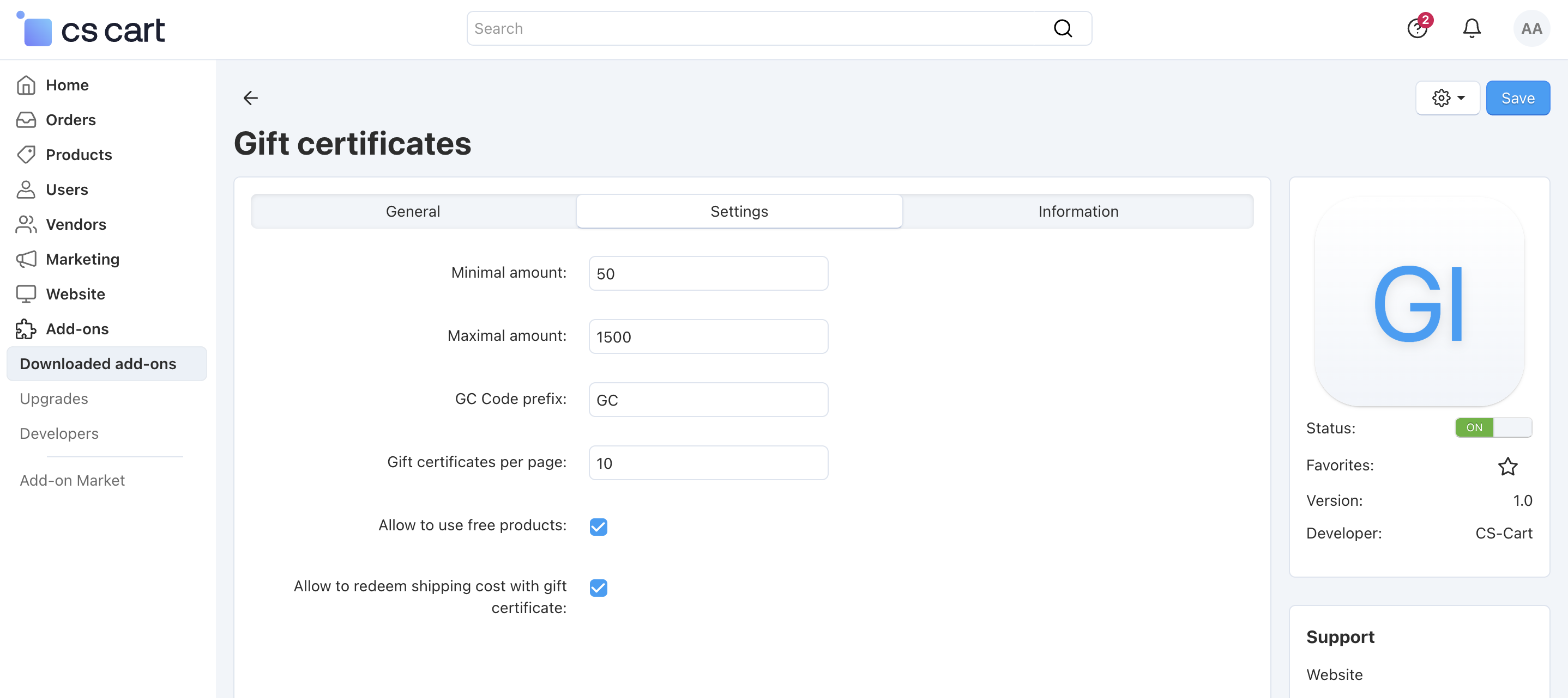 Gift Certificates add-on settings