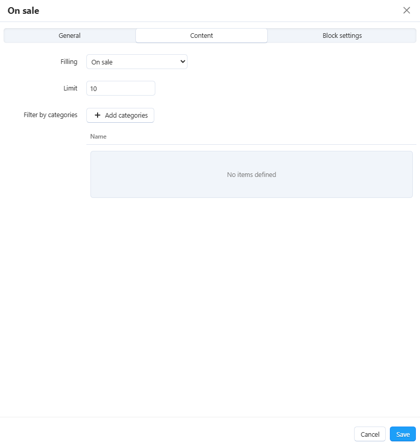 The Content tab in the block editing dialog