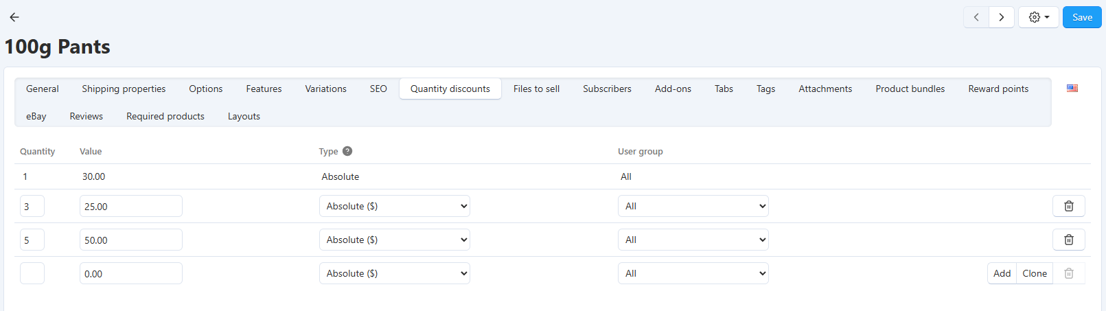 Configuring quantity discounts in CS-Cart.