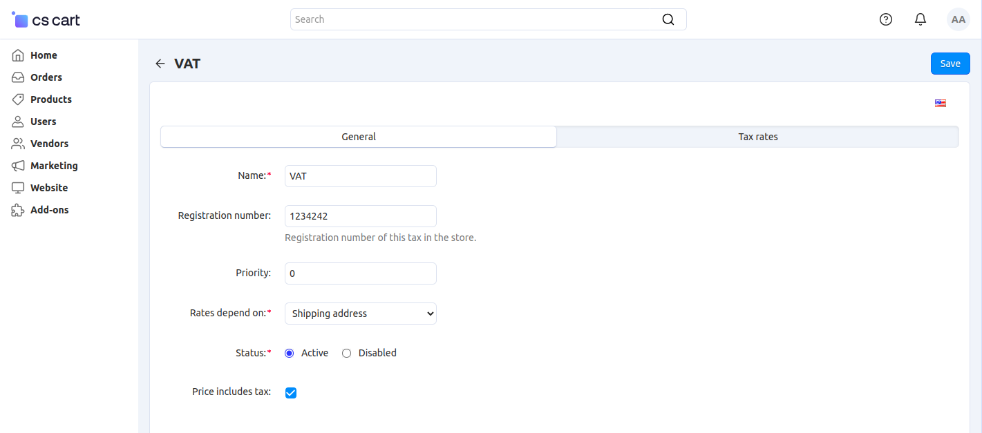 The tax editing page in CS-Cart and Multi-Vendor.