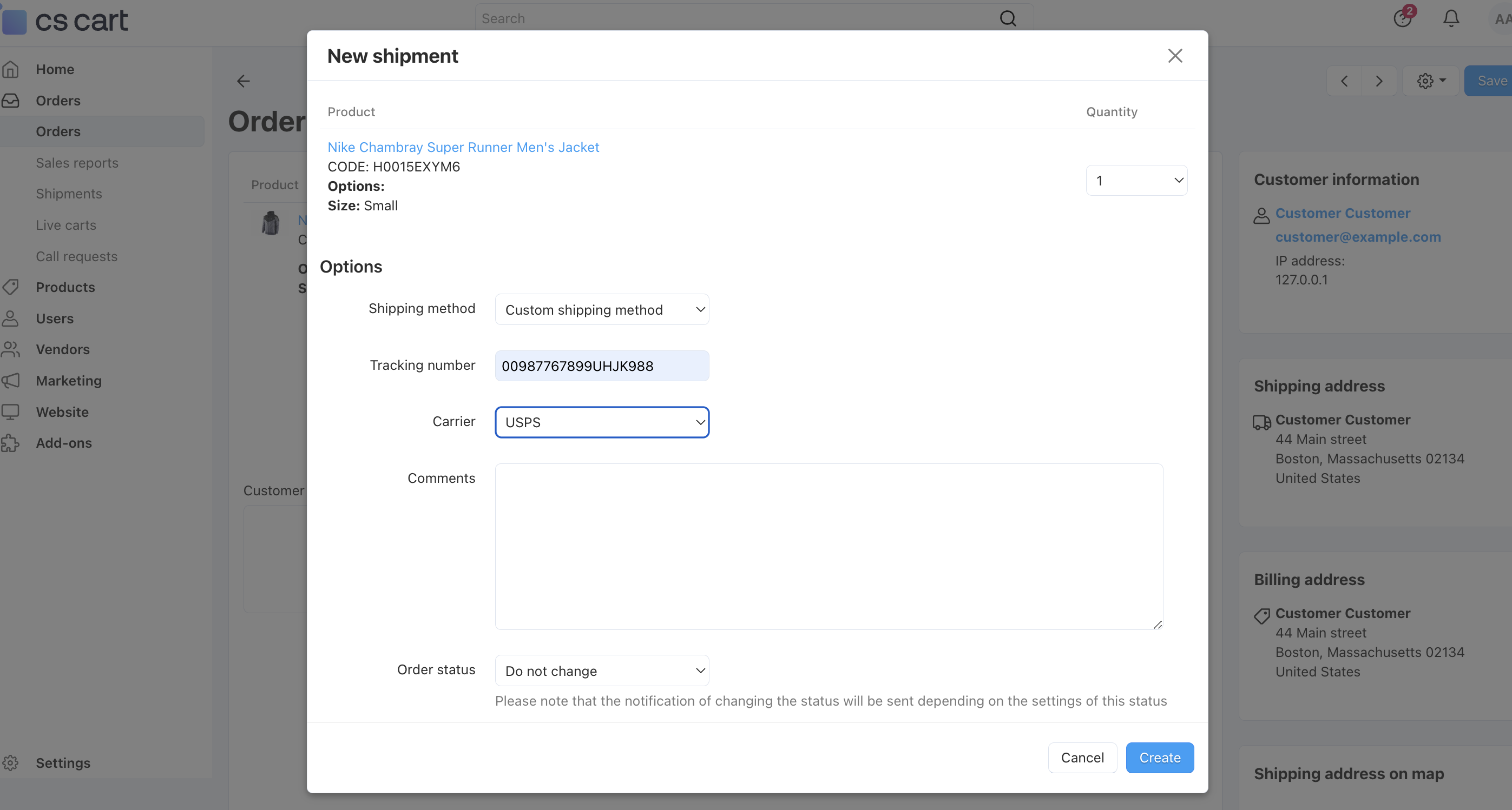 Fill in the form and press the Create button to create a shipment.