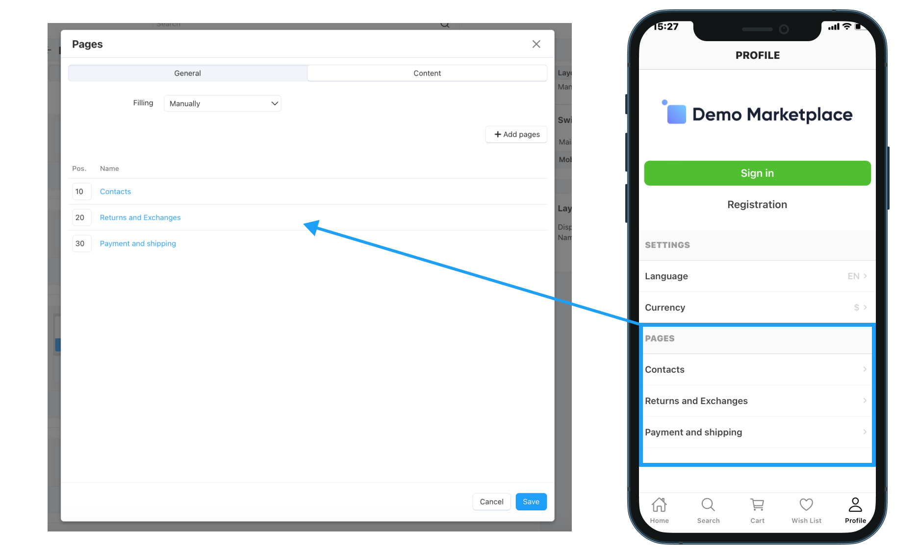 The menu items in Multi-Vendor and in the mobile app.