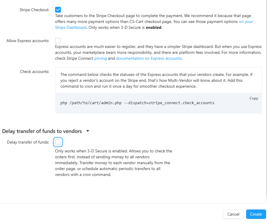 The Configure tab of the Stripe Connect payment method.