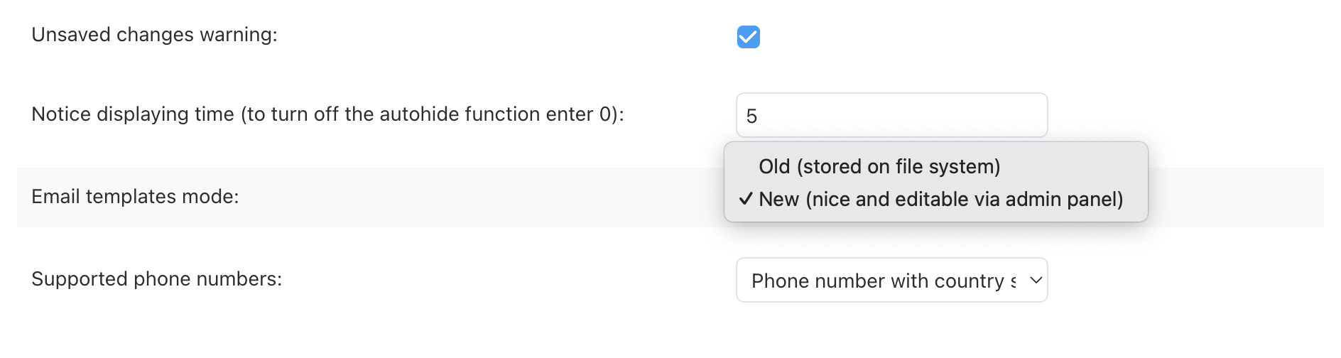 The "Email template mode" setting.