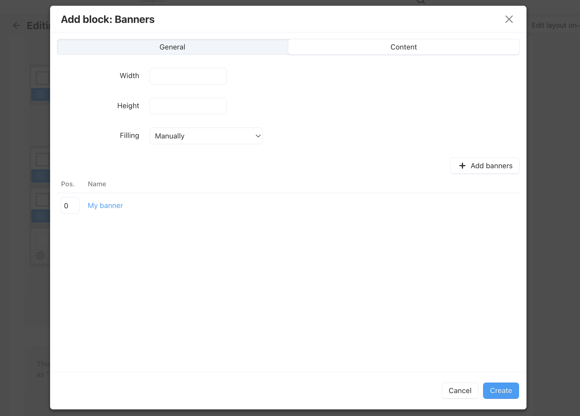 Creating a block for banners: the Content tab.