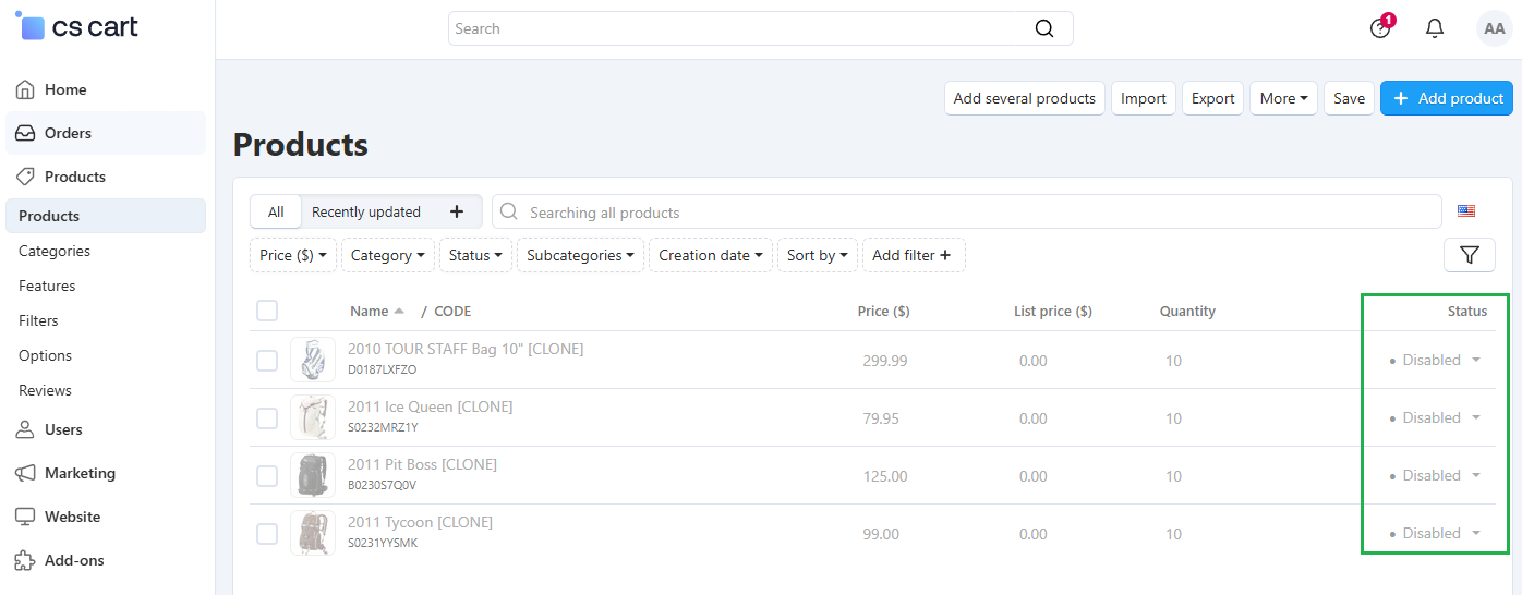 A duplicate product in CS-Cart.