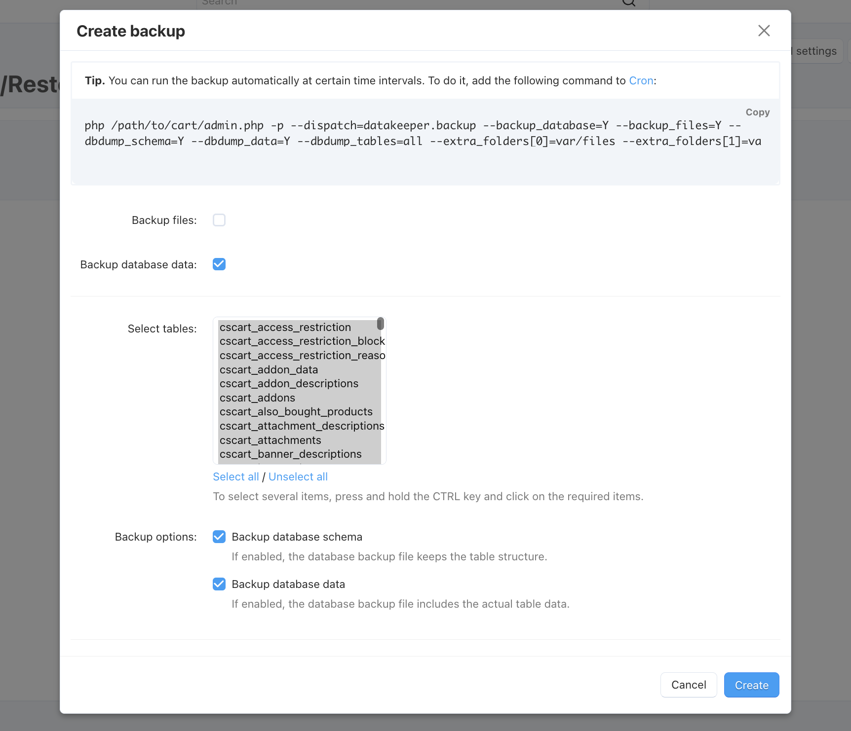 Specify the parameters of your backup and click Create to begin the backup process.