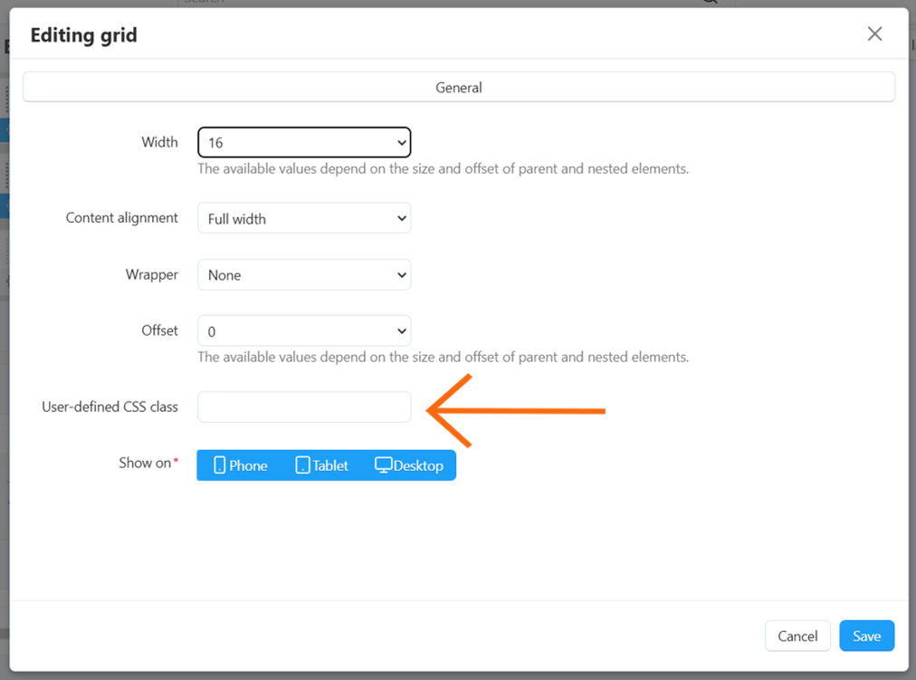 User-defined CSS class is in the General tab of the grod settings.