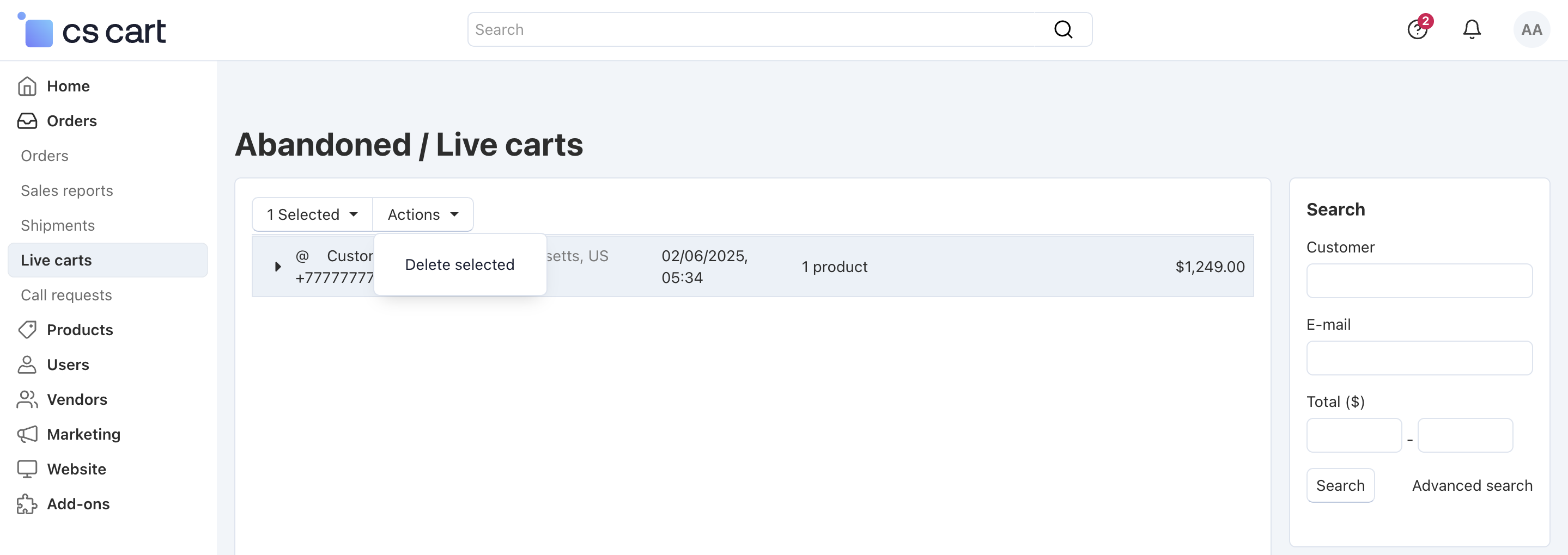 Removing a cart from the list.