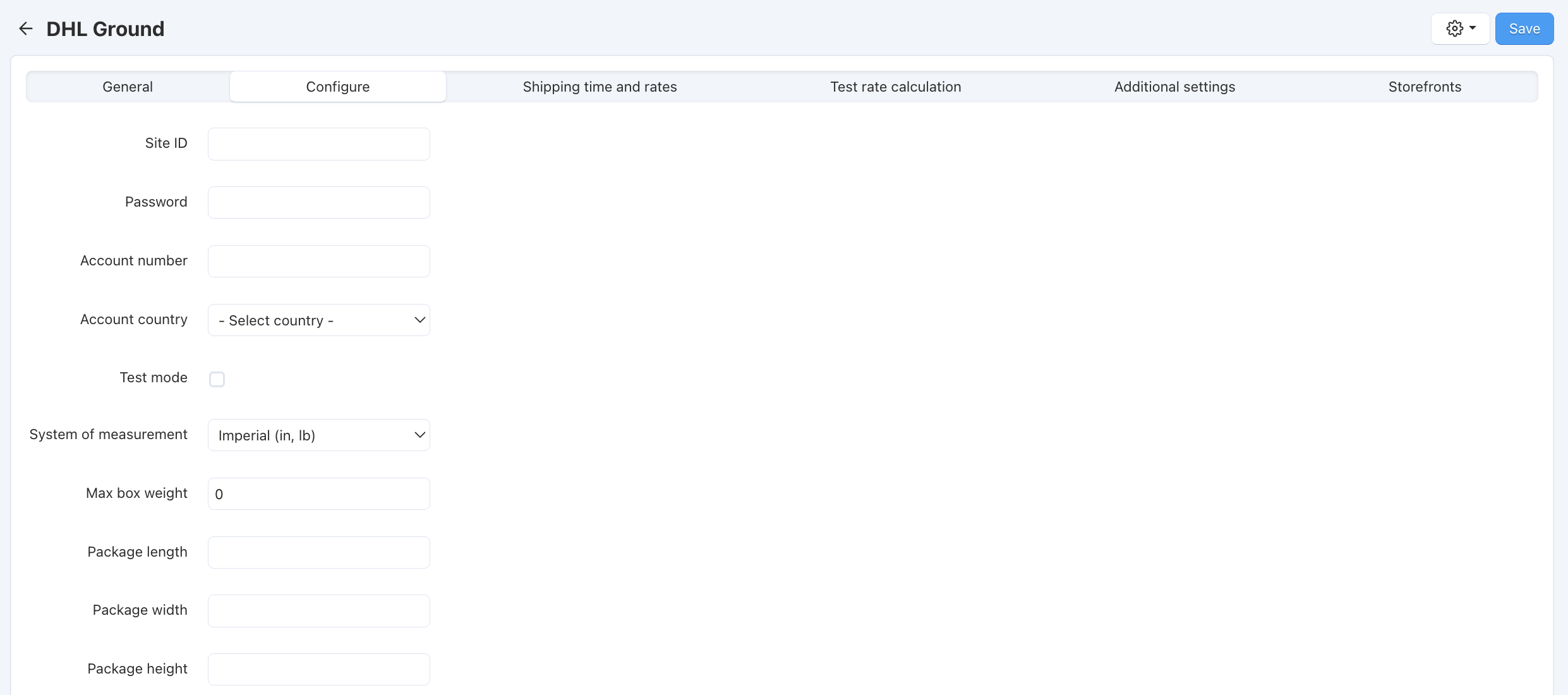 Specify the DHL-specific settings on the Configure tab.